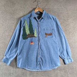 Graphic Sports Denim Button Up Shirt Moose Canoe Trees Patchwork Women XL